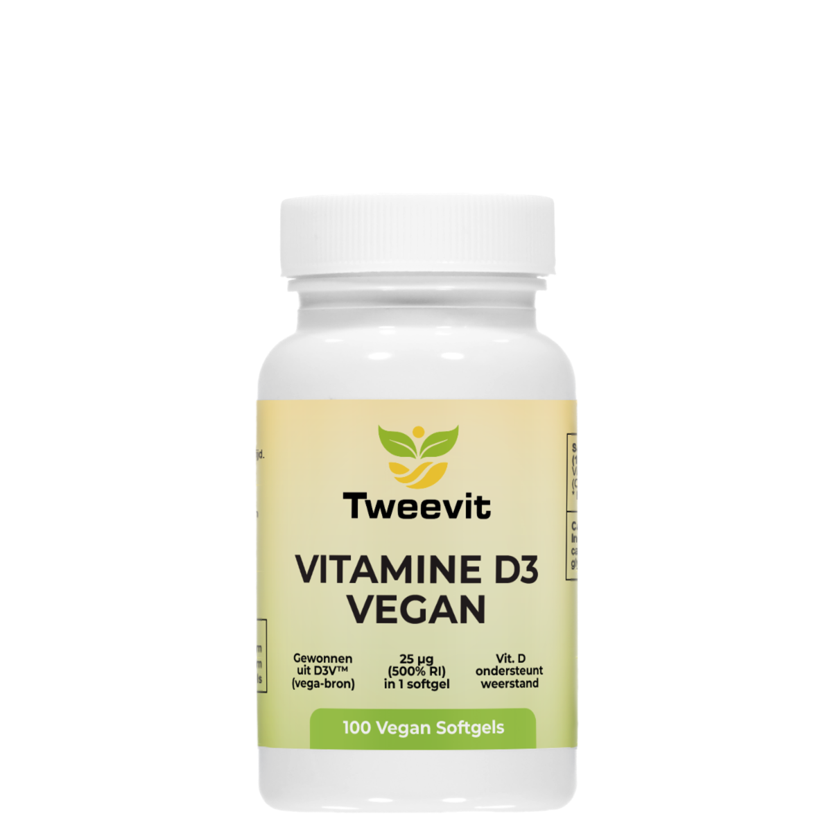 Tweevit Vitamine D3 Vegan pot met 100 softgels – 25 µg plantaardige vitamine D3 uit vega-bron, ondersteunt weerstand en botgezondheid